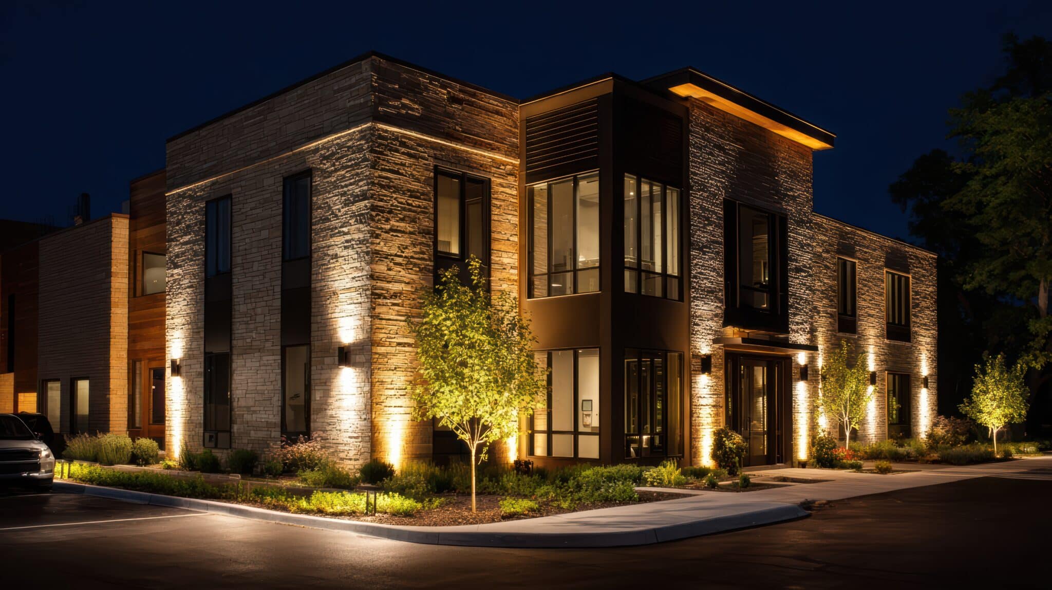 Éclairage extérieur de façade avec uplighting installé par GD Light